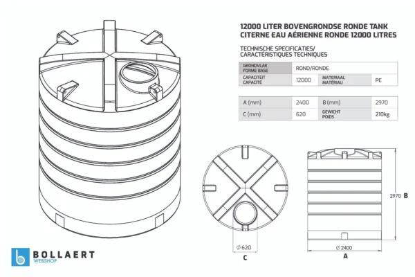 Citerne à eau aérienne ronde - 12000 litres (Ø 2,40 m)