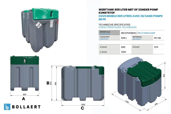 Citerne mazout mobile PE-HD - 600 litres - avec ou sans pompe 3